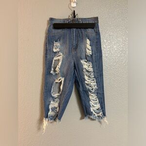 Women’s Blue stretch ripped high rise waisted Bermuda jean shorts size 3
